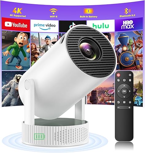 Mini proyector con WiFi y Bluetooth, proyector portátil 4K con batería recargable de 3.5 horas, corrección trapezoidal vertical automática,