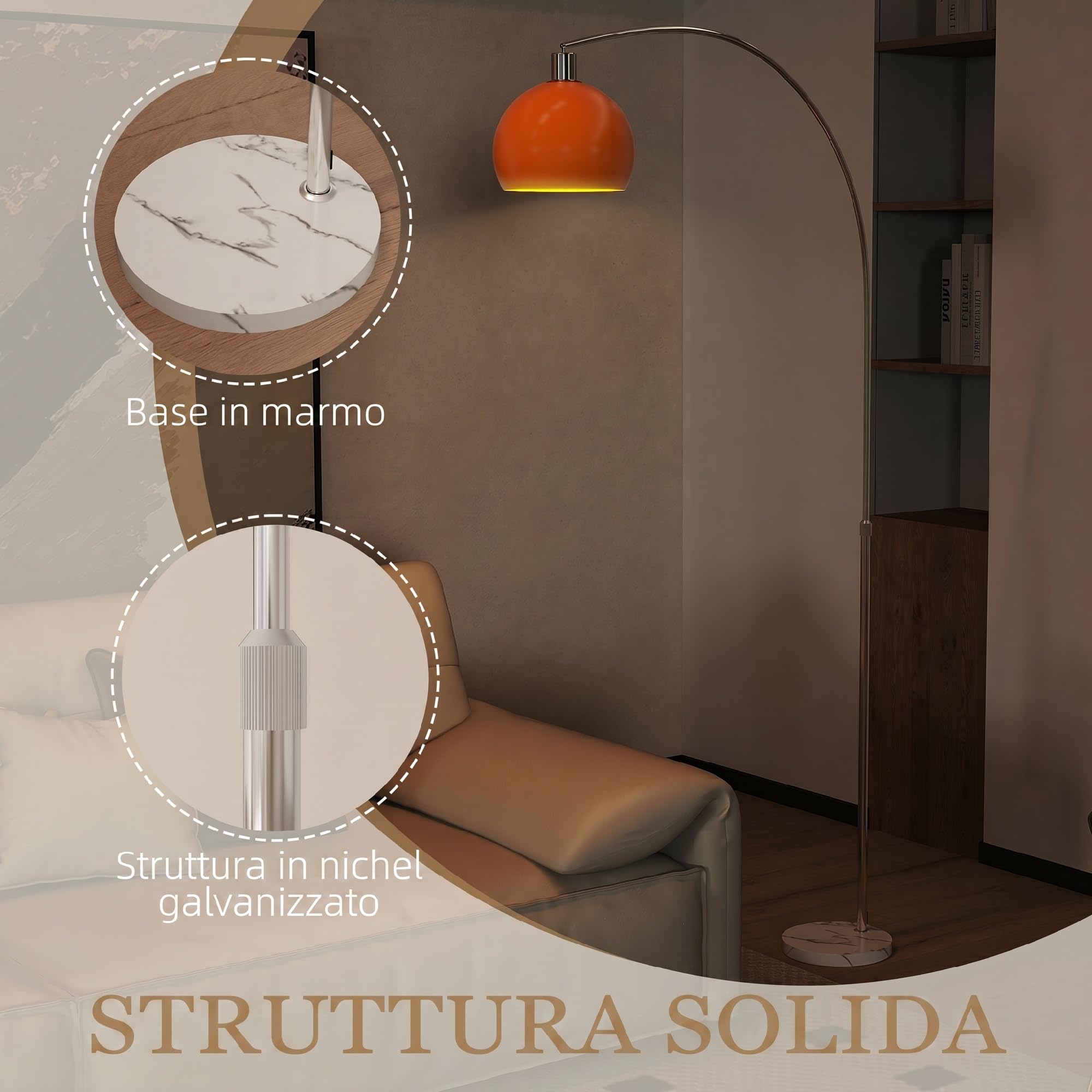 HOMCOM Lampada da Terra ad Arco Moderna 26x90x180 cm Bianco e Arancione | Interruttore a Pedale, Paralume Rotondo, Lampada da Terra Salotto, Marmo Metallo e Plastica