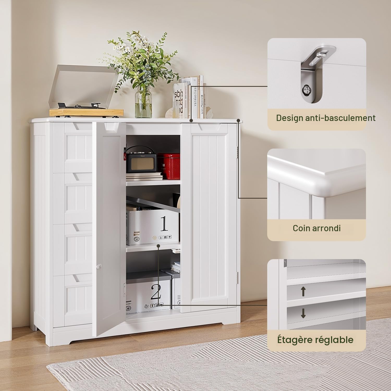 Xbro Meuble Salle de Bain Armoire de Baño, avec 4 Tiroirs et 2 Portes,Meuble pour Salle de Bain Salon Cuisine,avec Étagère Réglable,81 x 30 x 83 cm,Blanc