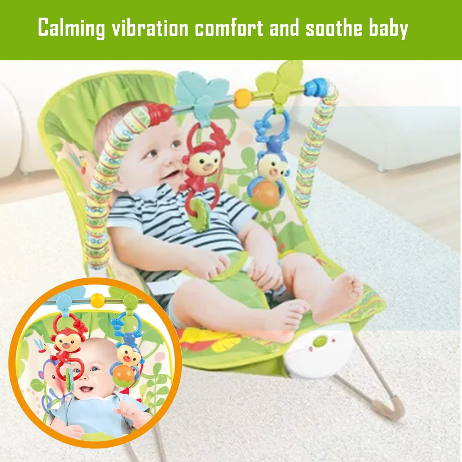Safe-O-Kid Multi-Position Reclining, Baby Bouncer with Music, Vibrations, Safety Harness, Toy Bar (Includes Batteries) - Green - Image 2 thumbnail
