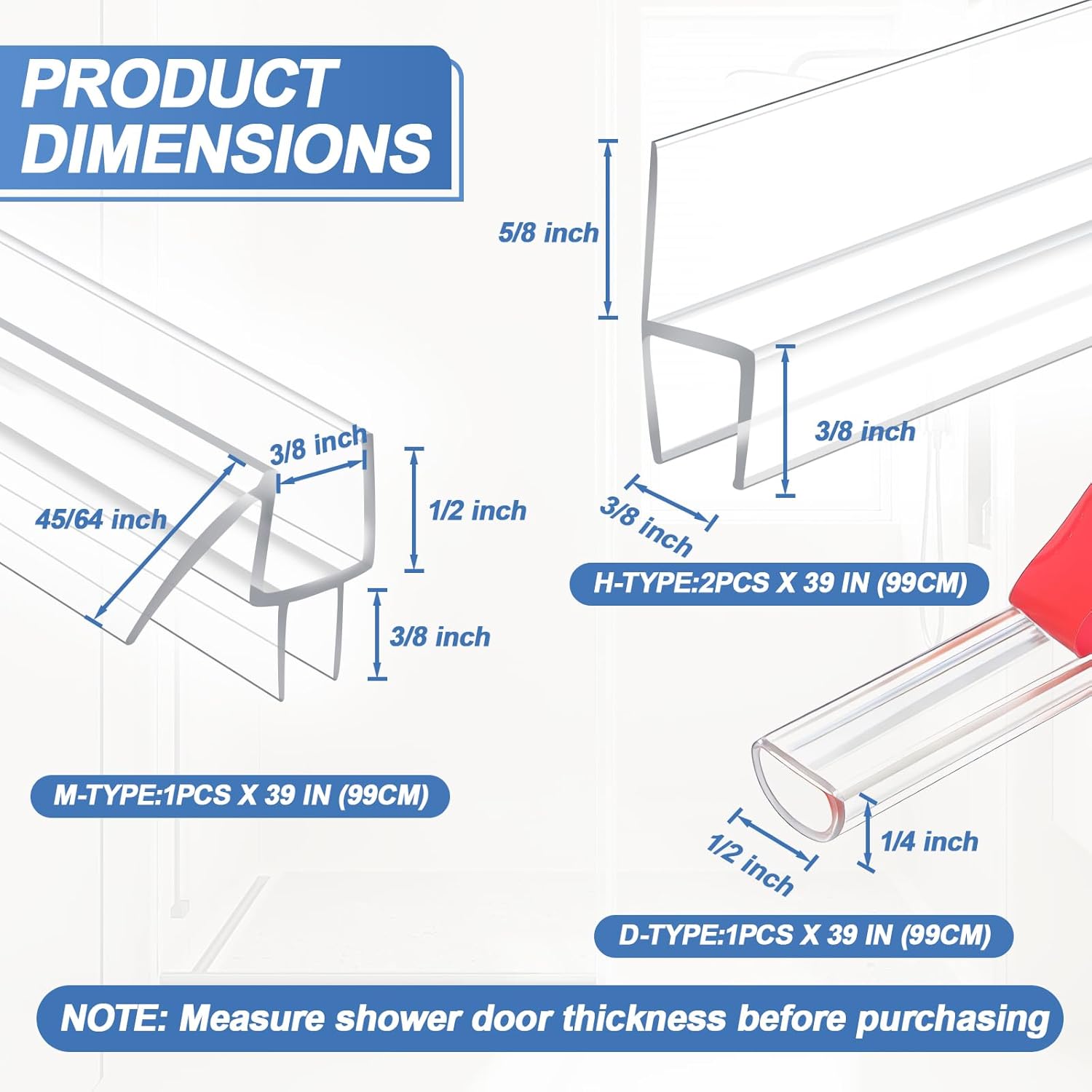 Pangda 4 Pack 3/8" x 39" Shower Door Bottom Seal Strip Shower Door Side Seal Sweep for 3/8 Inch Frameless Glass, Clear Polycarbonate H, M, D Type for Bathroom, Stop Water Leaks, Create a Water Barrier