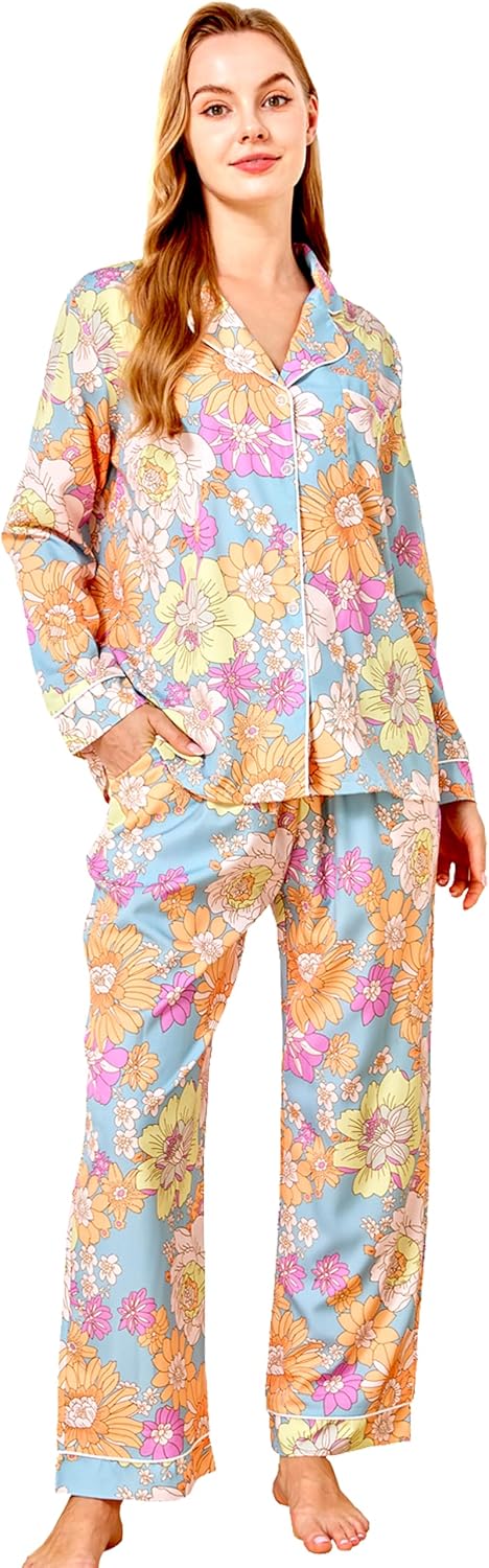 Women's Floral Pajama Sets 2 Piece Long Sleeve Button Down Sleepwear - Soft Comfy Pjs Loungewear with Pockets S-XXL