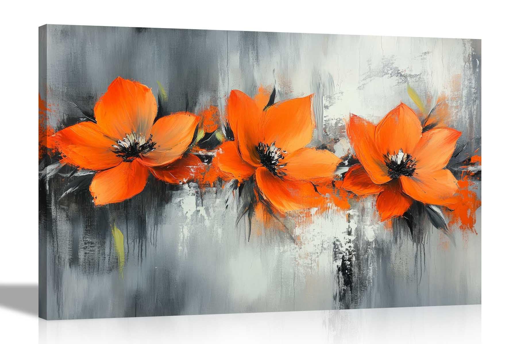 Artley Prints - Orange Abstract Flowers Graffiti Rustic Grey Canvas Wall Art Prints Living Room Bedroom Conservatory Pictures 76 x 50cm (30 x 20 inches)