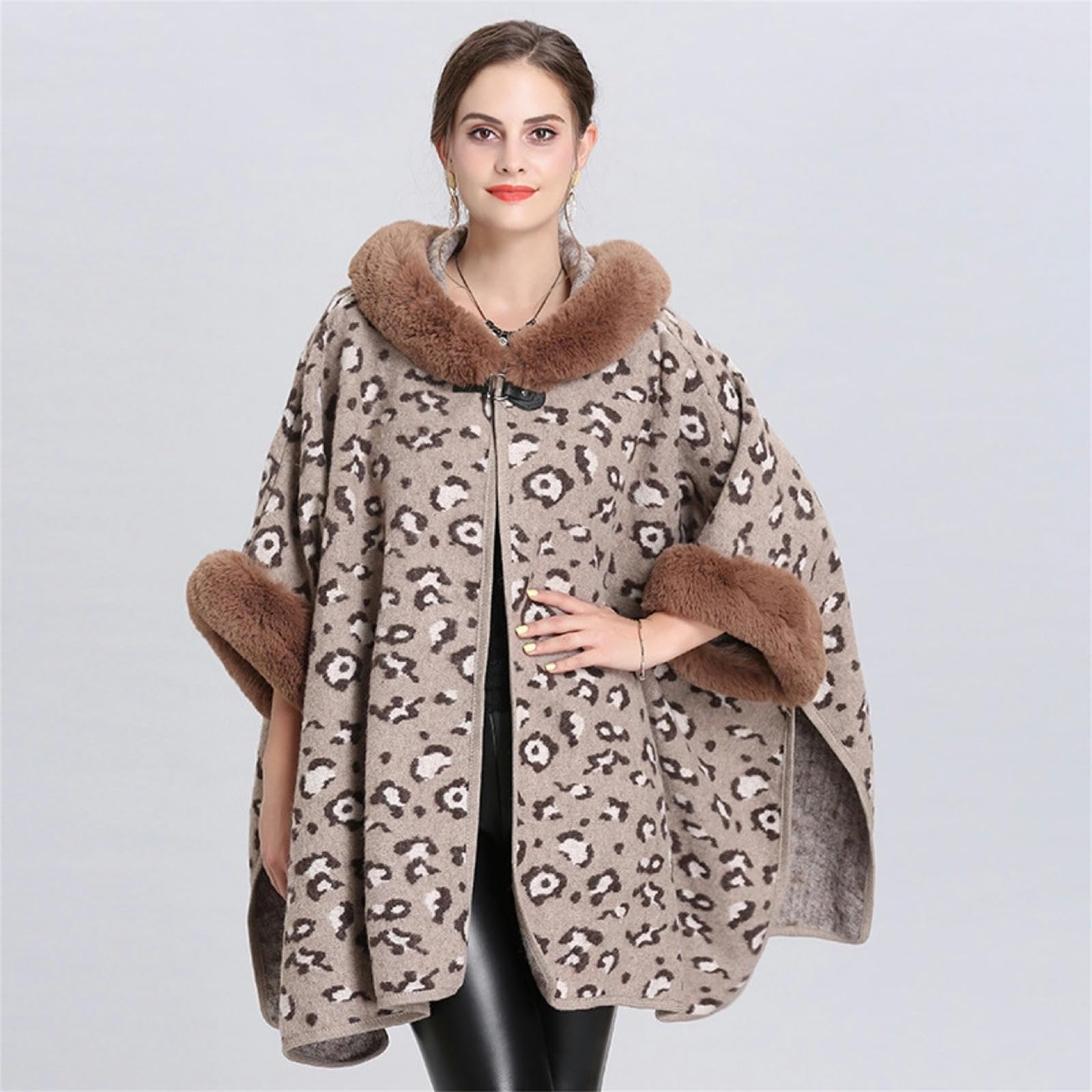 Poncho Donna Scialcano con Cappuccio con Cappuccio per Leopardo Autunno E Inverno Cape di Grande Dimensione Cardigan Woolen Coat per Donne-Cammello