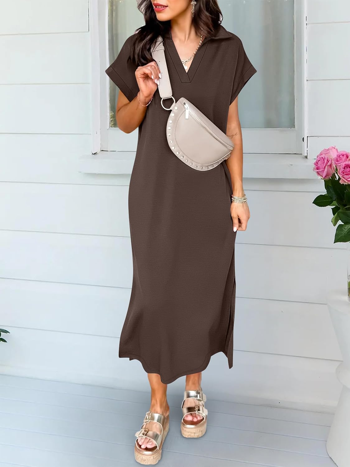 ANRABESS Womens Summer Casual Midi Dresses Short Sleeve Polo V Neck Loose Split Wrinkle-Free Beach Vacation Tshirt Maxi Dress - Image 3