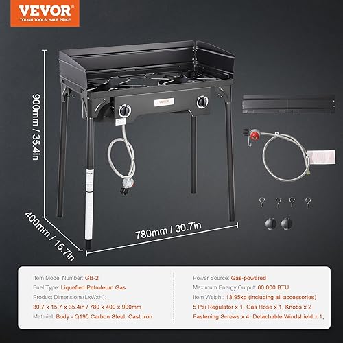 Miniatura 7 de Quemador de propano para exteriores, estufa de propano de 2 quemadores con parabrisas, cocina de gas resistente con soporte de patas desmontables y