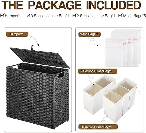 Miniatura 7 de GREENSTELL - Cesta de ropa con tapa, 125 L con 3 grandes secciones para ropa extraíbles y 2 bolsas de tela y 5 bolsas de malla, cesta de ratán
