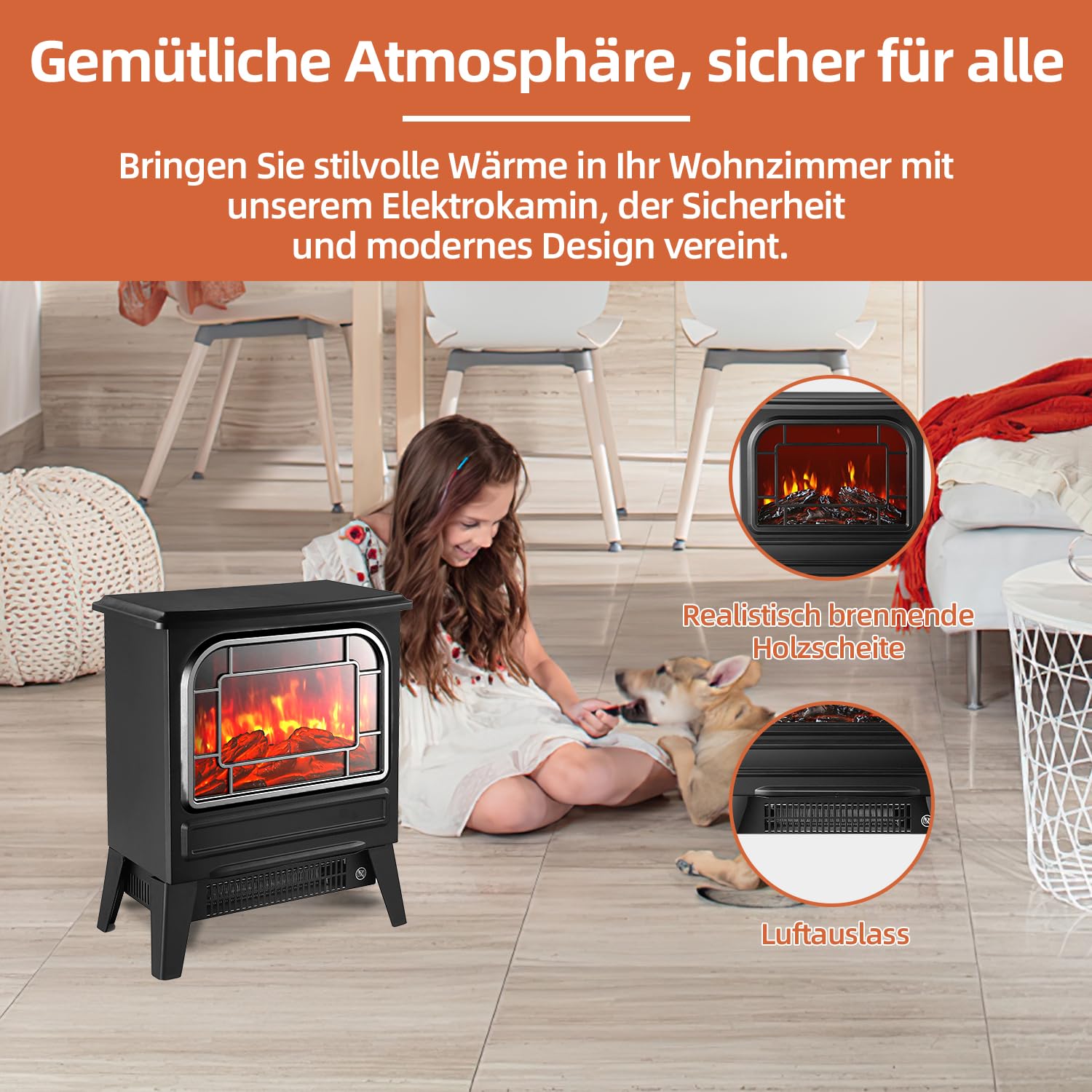 Elektrokamin mit Heizlüfter 1950W Elektro Kamin Elektrischer Heizung LED Kaminfeuer Effekt Kaminofen Flammeneffekt Heizer Ofen geräuscharm regelbar Schwarz