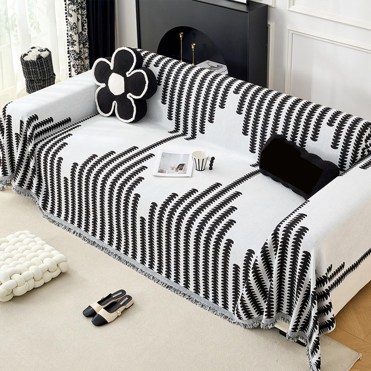 Couverture de canapé chenille noir 180x420 cm jeté de lit grande taille