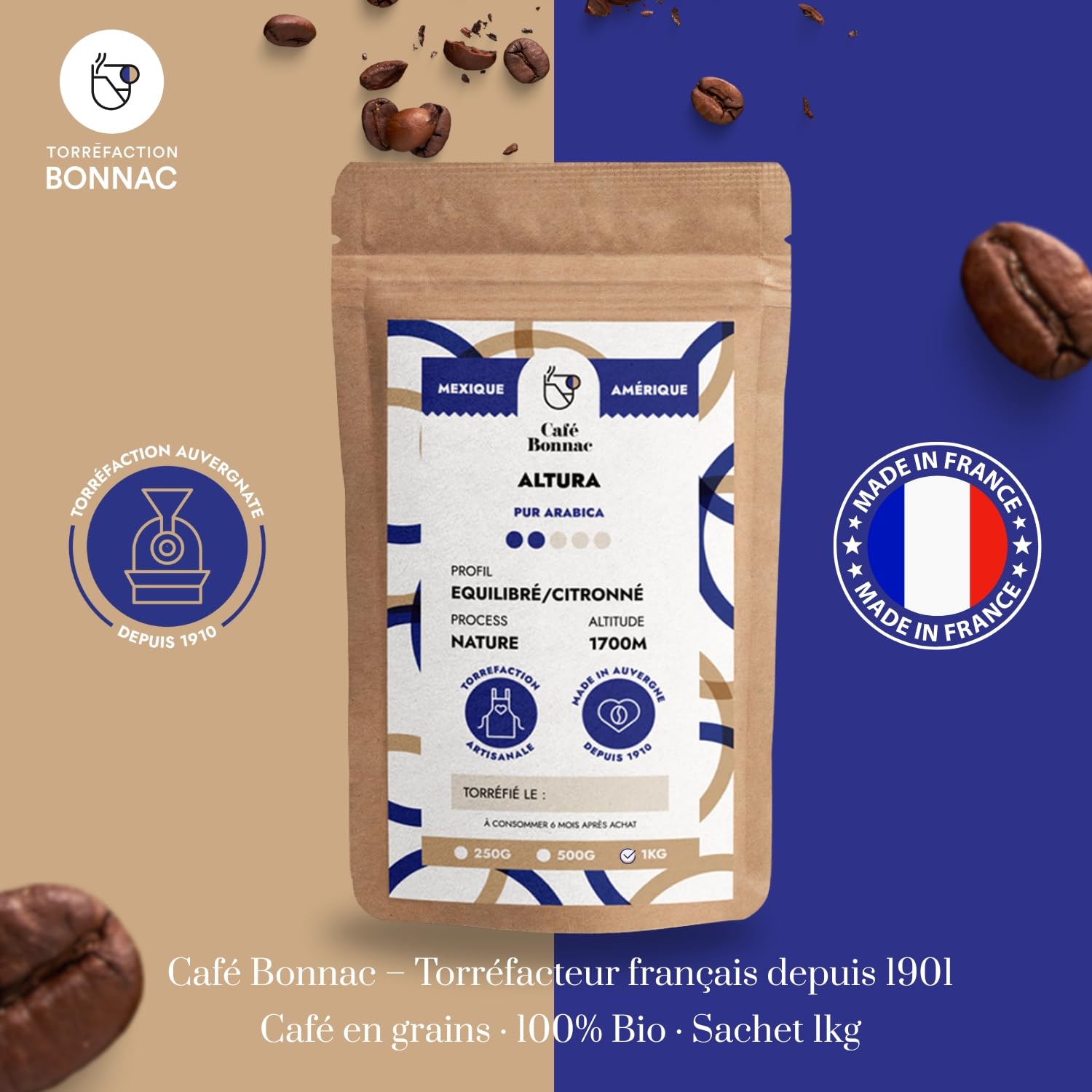 Café Bonnac – Café En Grain Mexique Altura 1kg | 100% Arabica De Montagne | Notes De Cacao, Noisette Et Épices Douces | Grand Cru Équilibré | Torréfaction Artisanale | Machine À Café Grain