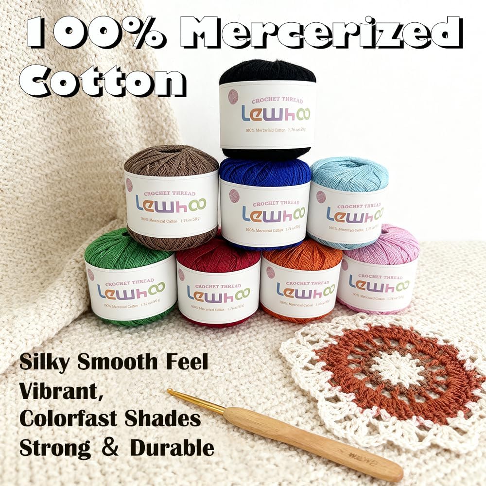 Crochet Thread, Size 10 Mercerized Cotton Lace Yarn Set, 8 Pearl 50g Balls Yarn for Hand Knitting