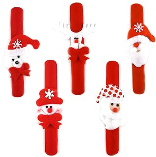 SKRYUIE Christmas Slap Bracelet, 5 Pack Christmas Wristband Clap Circle Decoration Santa Claus Elk Cartoon Snap Bracelet Wrist Band Christmas Plaything Xmas Party Slap Ring Toys for Boy and Girl Decor