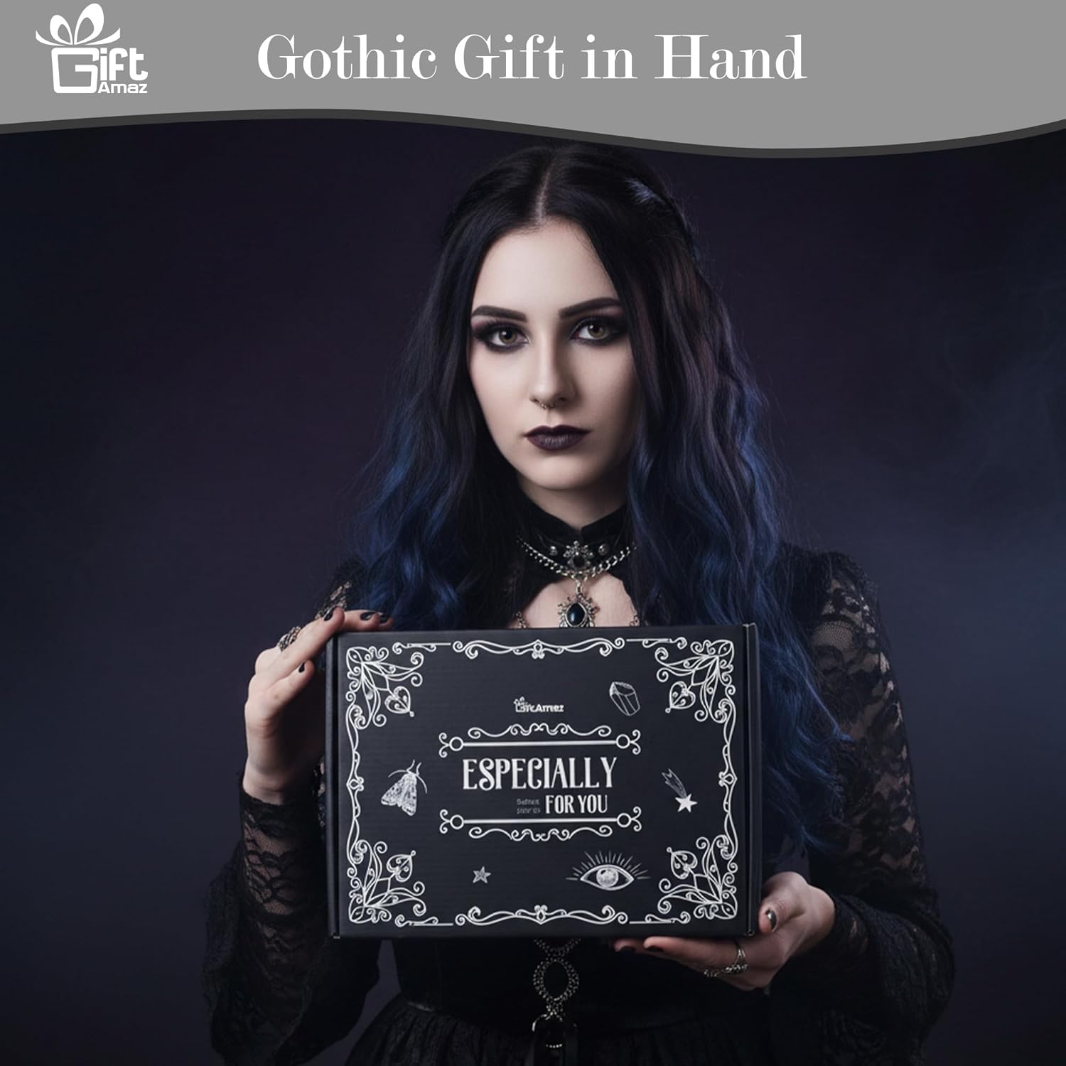Giftamaz Gothic Gifts for Women - 12 PCS Witchy Gifts Goth Accessories with Hair Clips, Witch Canvas Tote Makeup Bag, Spooky Gifts Basket Witchy Skull Gift Box for Girls Teens Friend Gothic Lovers