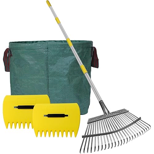Stanew 65 Inch Long Garden Leaf Rake 17" Wide Small Garden Rake for Leaves Adjustable Long Handle Garden Rake Sturdy Metal Yard Rake with 15 Gallon Garden Bag (5FT-25 Tines)