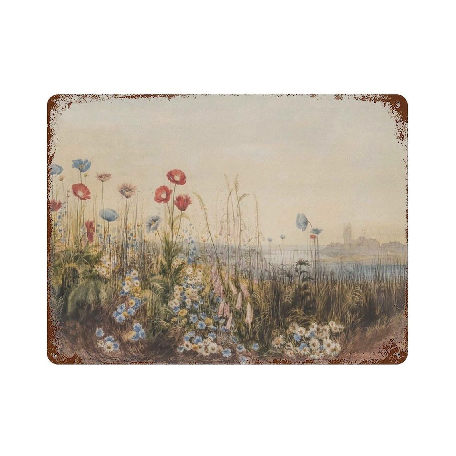 xiaoxiaoshen Vintage Wildflower Field Watercolor Coastal Landscape Wall Decor Art Metal Tin Poster Modern Home Decor Art Home Bar Shop Decorations Vintage Sign 30x40cm