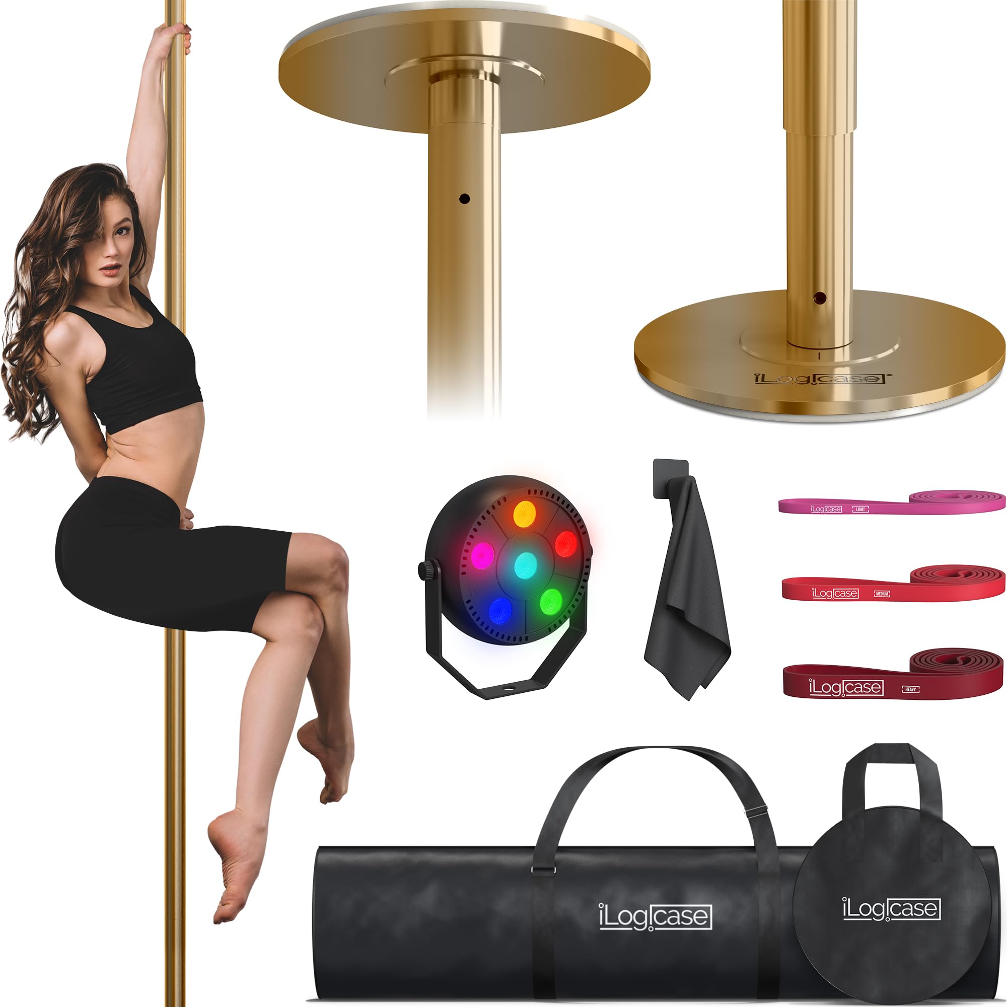 ILOGICASE Spinning Dancing Pole for Home | Portable and Heavy Duty 45mm Dance Pole Apartment Friendly, Adjustable Height 7ft to 11ft, w/Pole Conditioning Bands Set, LED Light and Carry Bags: Gold