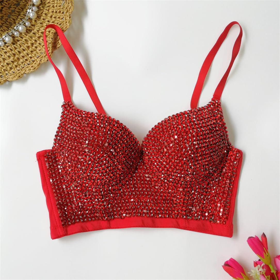 Adhdyuud Women Sexy Diamond Beading Party Push Up Bustier Y2k Corset Camis Club Crop Top Bra