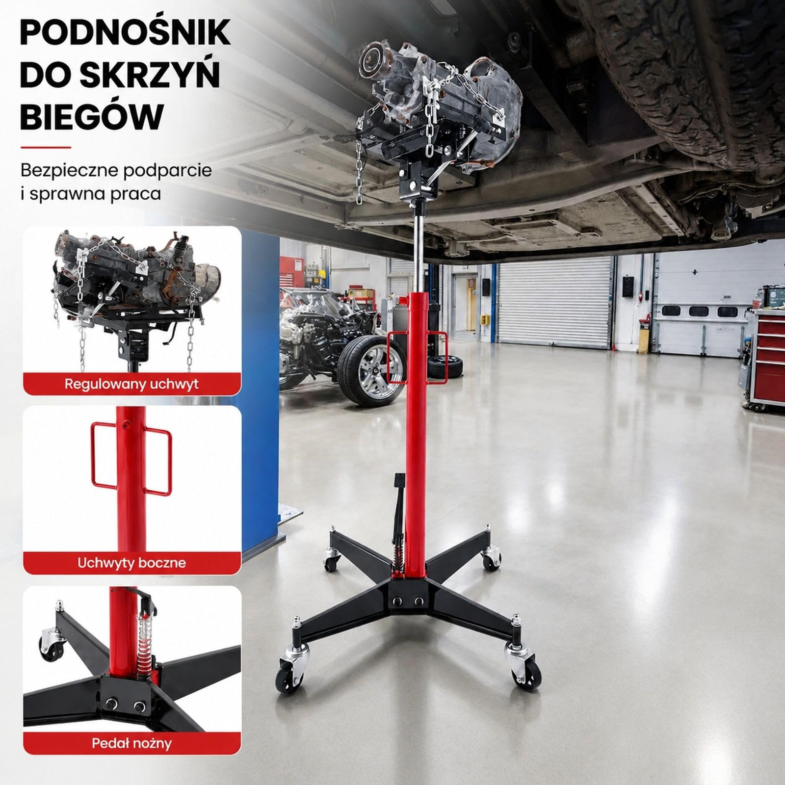 Hydrauliczny podnośnik skrzyni biegów, udźwig 500 kg, pedał nożny, koła obrotowe 360 stopni, rama X, czerwono czarny, do garażu warsztatu