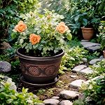 Usocik 4 Pack 16 inch Plant Pots, Retro Pattern Planters with Drainage Holes and Saucer, Sturdy Plastic Garden Flower Pots for Indoor & Outdoor Plants Copper | Large copper retro PP pots with drainage holes and saucers for houseplants patios porches
