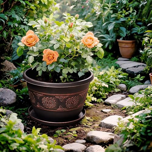 Miniatura 6 de Paquete de 4 macetas de 10 pulgadas, macetas con patrón retro con agujeros de drenaje y platillo, macetas de jardín de plástico resistentes para