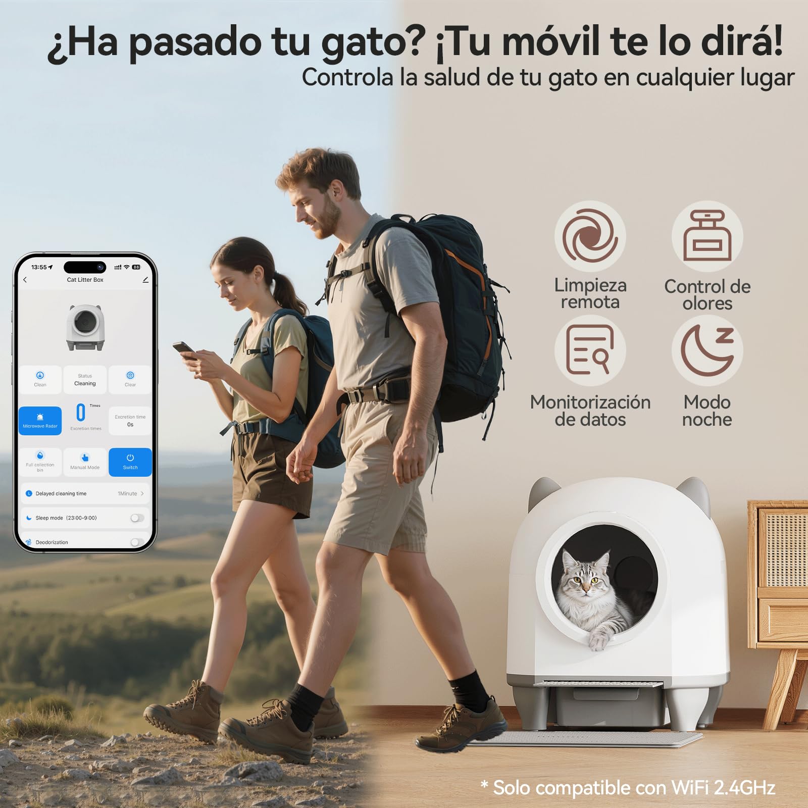 Devoko Arenero Gatos Autolimpiable Grande, 90L Gran Capacidad Arenero Automatico Gatos, Equipado con Sistema de 6 Seguridad, Compatible con Control App, Función Mejorada Eliminación Olores