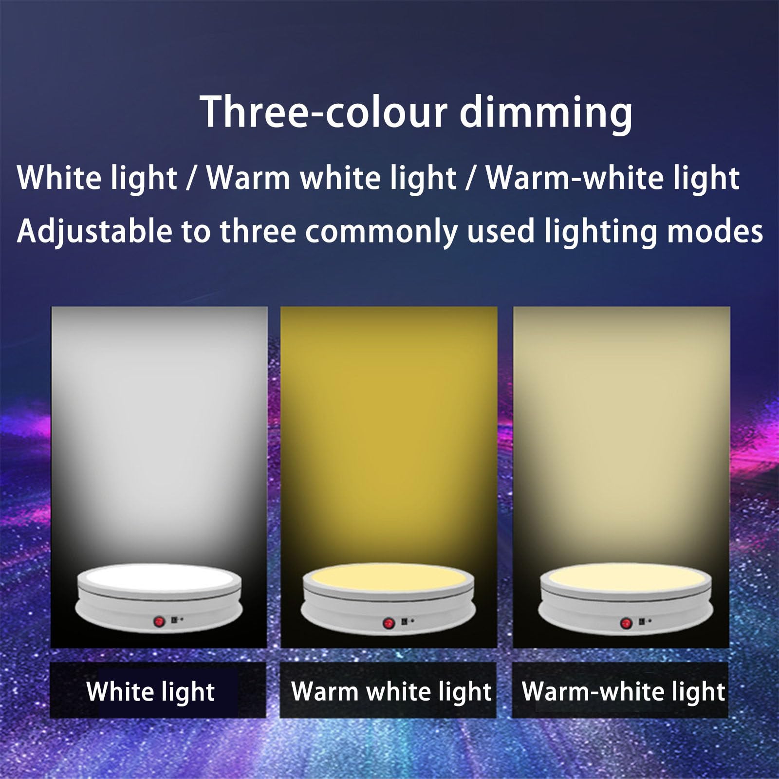 Espositore Girevole Compatto con tre Colori di Luce Regolabili (Bianco, Giallo e Bianco Caldo) e Base Girevole: Ideale Per Dirette Streaming, Sfilate di Moda ed Espositori Girevoli per Torte White
