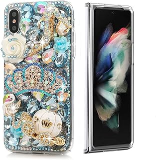 STENES Sparkle Case Compatible with Samsung Galaxy Z Fold 3 5G Case - Stylish - 3D Handmade Bling High Heel Crown Pumpkin Car Flowers Rhinestone Crystal Diamond Design Cover Case - Blue