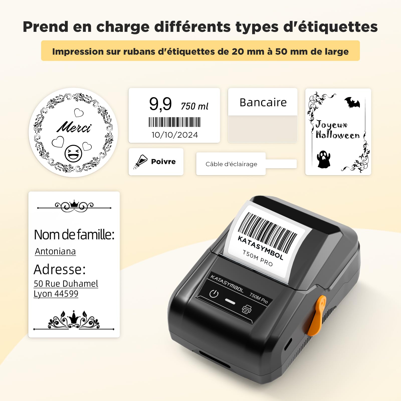 SUPVAN T50M Pro Étiqueteuse Bluetooth avec Ruban, Étiquettes Larges et Étanches, App avec Plus de 30 Polices et 660+ Icônes, sans Encre, idéal pour la Maison, la Cuisine, l'École, Le Bureau, Noir