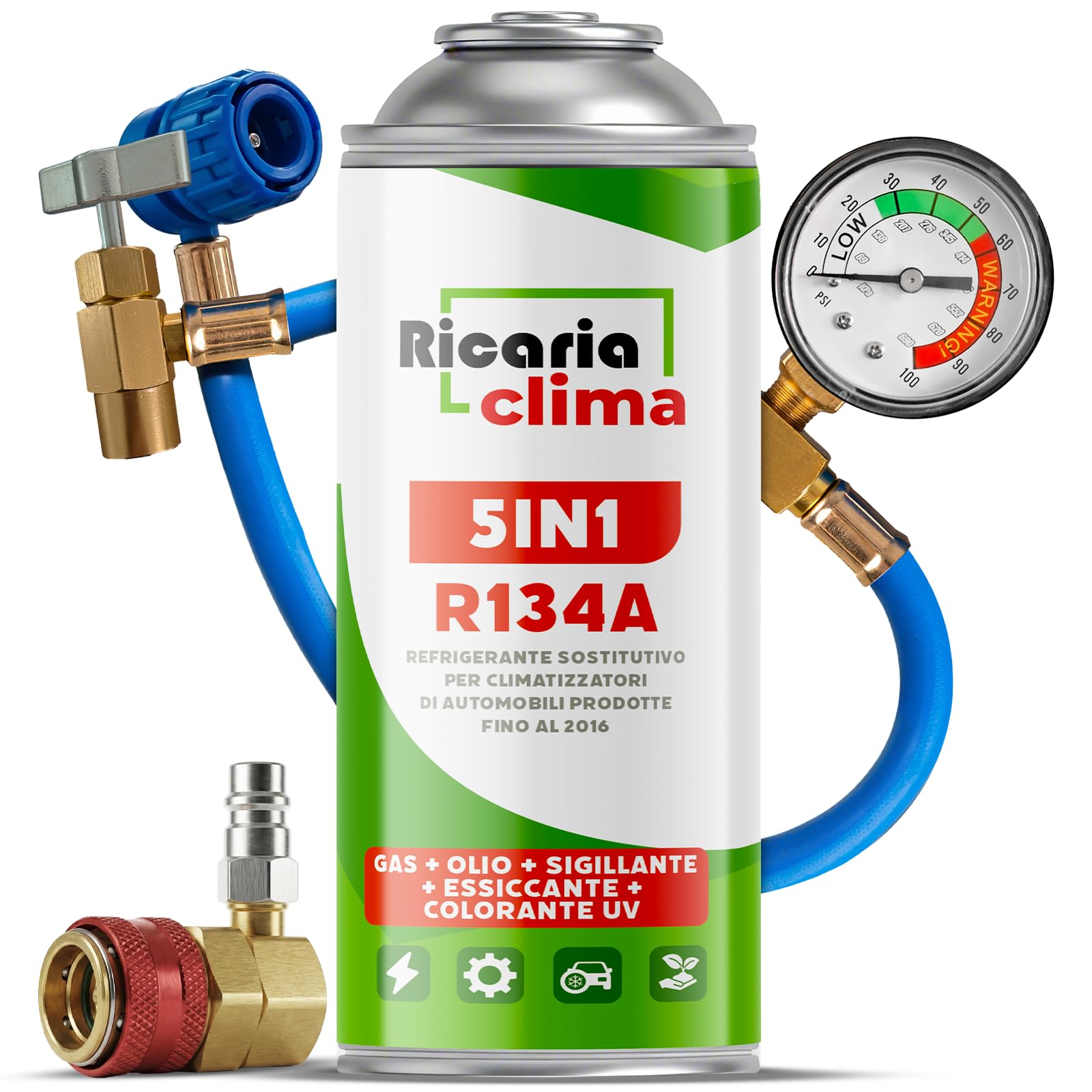 5in1 - R134a Czynnik Chłodniczy XL do Samochodowej Klimatyzacji z Olejem, Uszczelniaczem, Barwnikiem UV, Środkiem Osuszającym + Adapter HP/LP - Chroni Kompresor - 235g Każda Puszka