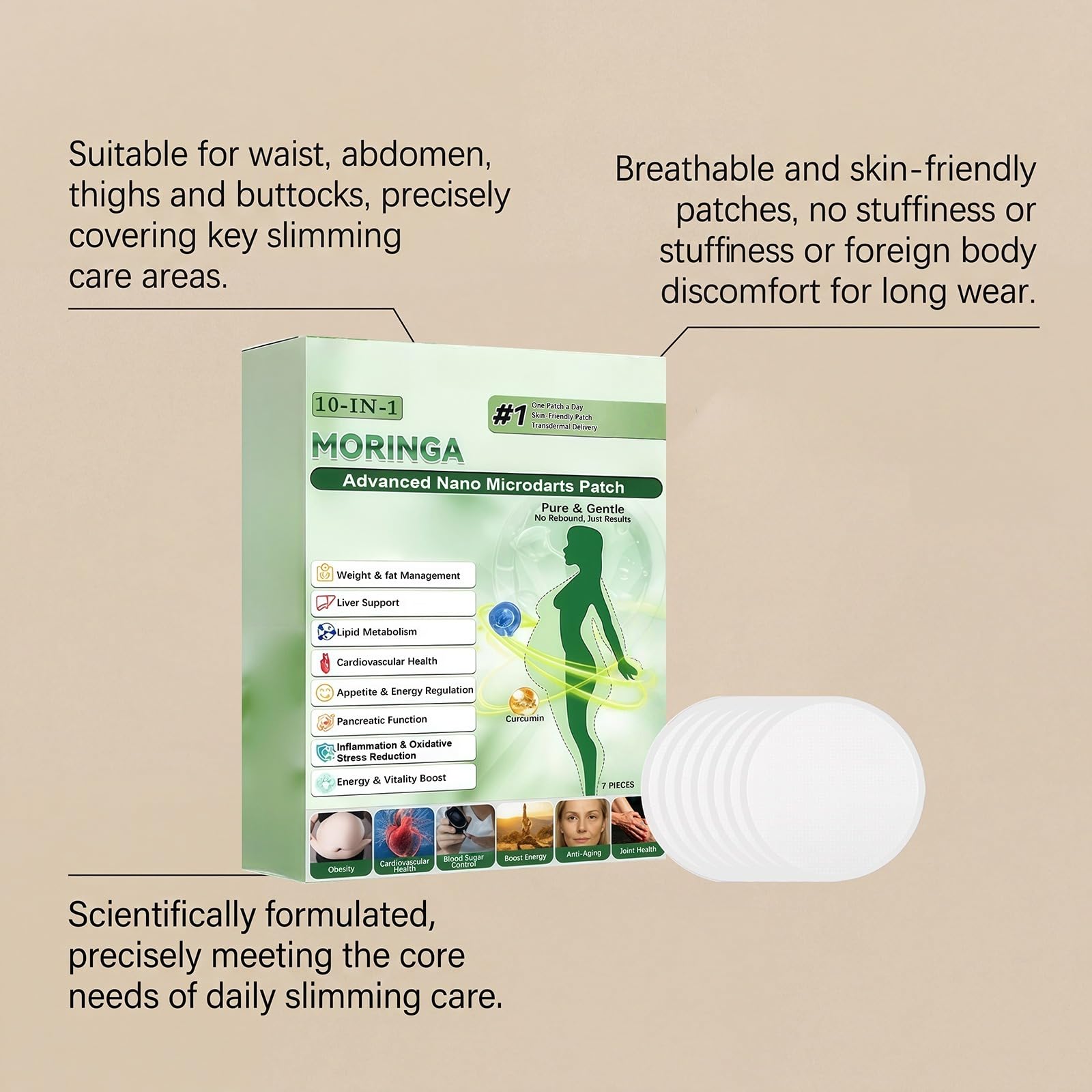 Moringa 10 in 1 patch dimagranti per il corpo – Patch dimagranti a nano-micro aghi contenenti berberina e NAD+ – Ingredienti naturali Rassoda la pelle Adatto per uomini e donne