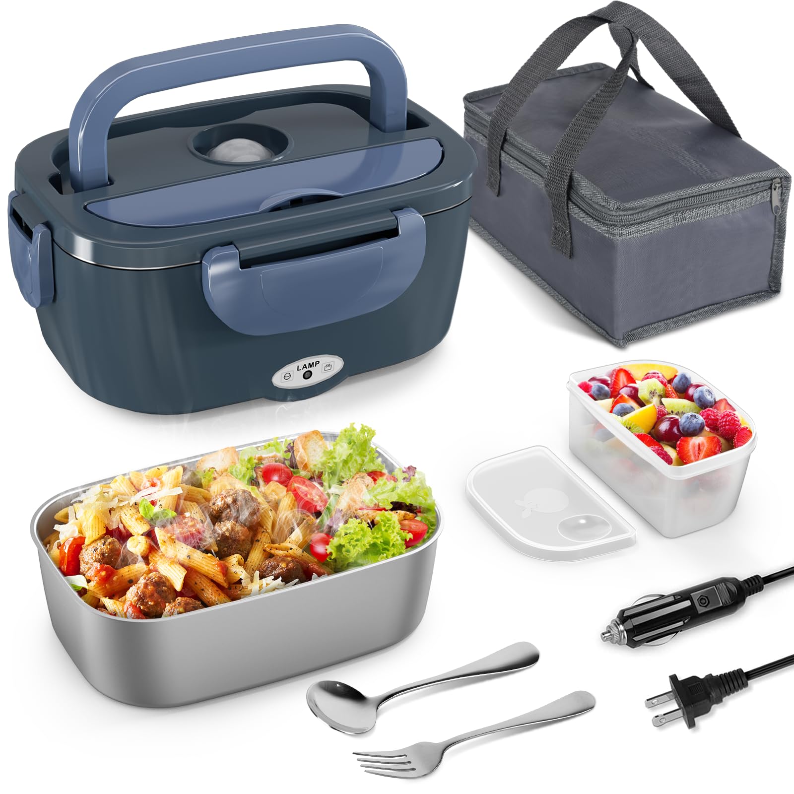 Vingud Electric Lunch Box for Adults, Heated Lunch Box Food Warmer, 80W Portable Heating Lunchbox for Work/Car/Truck, 12/24/110V Lonchera Eléctrica Portátil Christmas White Elephant Gifts, Blue Gray