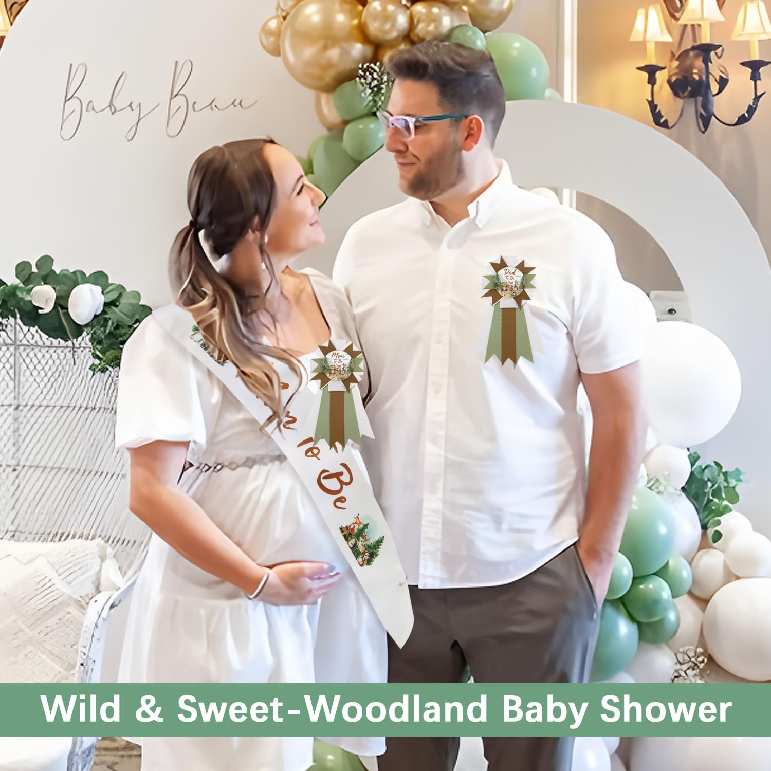 Woodland - Juego de ramilletes para baby shower, diseño de mamá a ser y papá para ser, banda neutral para baby shower, regalo para mamá embarazada, decoración de fiesta