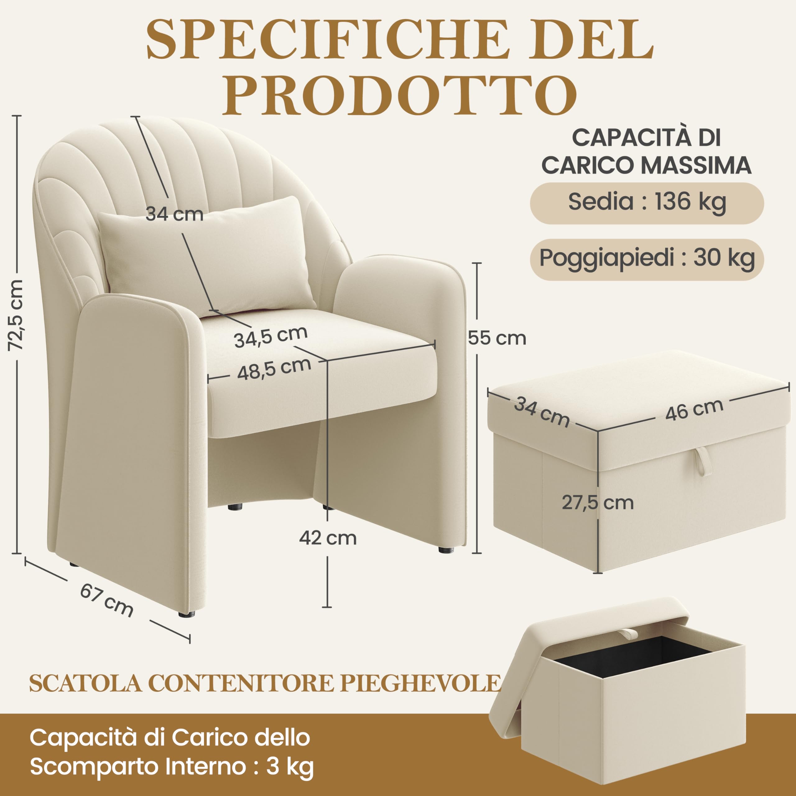Yaheetech Piccola Poltrona Salotto Moderna Sedia Imbottita con Effetto Velluto con Poggiapiedi Contenitore e Cuscino Lombare Poltrocina Relax con Braccioli per Soggiorno Camera da Letto Lettura Beige