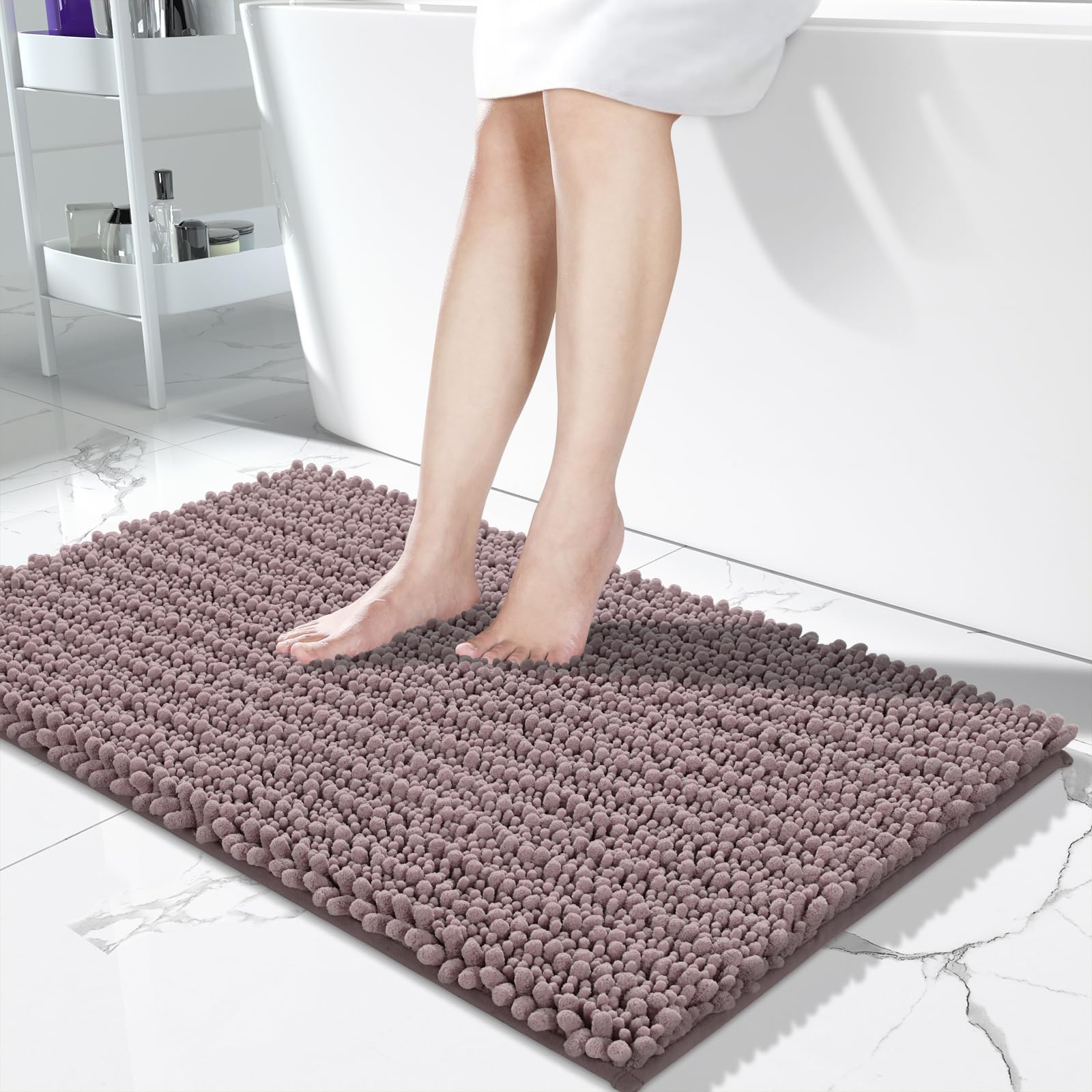 Yimobra Original Luxury Chenille Bath Mat, 44.1 x 24 Inches, Soft Shaggy and Comfortable, Large Size, Super Absorbent and Thick, Non-Slip, Machine Washable, Perfect for Bathroom, Mauve