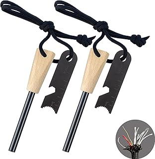 Fire Starter, Traditional Magnesium Ferro Rod, 20,000+ Strikes, Beech Handle, Survival Igniter with Neck Waxed Fire Tinder Paracord (28inch) & 6-in-1 Multi-Tool Striker-2 Packs