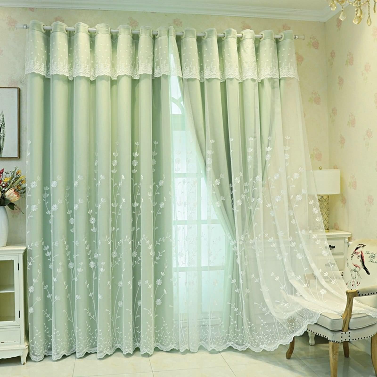 Retro Sypialnia Kurtyna, Zielona Zasłona Dwuwarstwowa Sypialnia z kwiatowym haftem Poliester 2 panele 107W x 229L cm