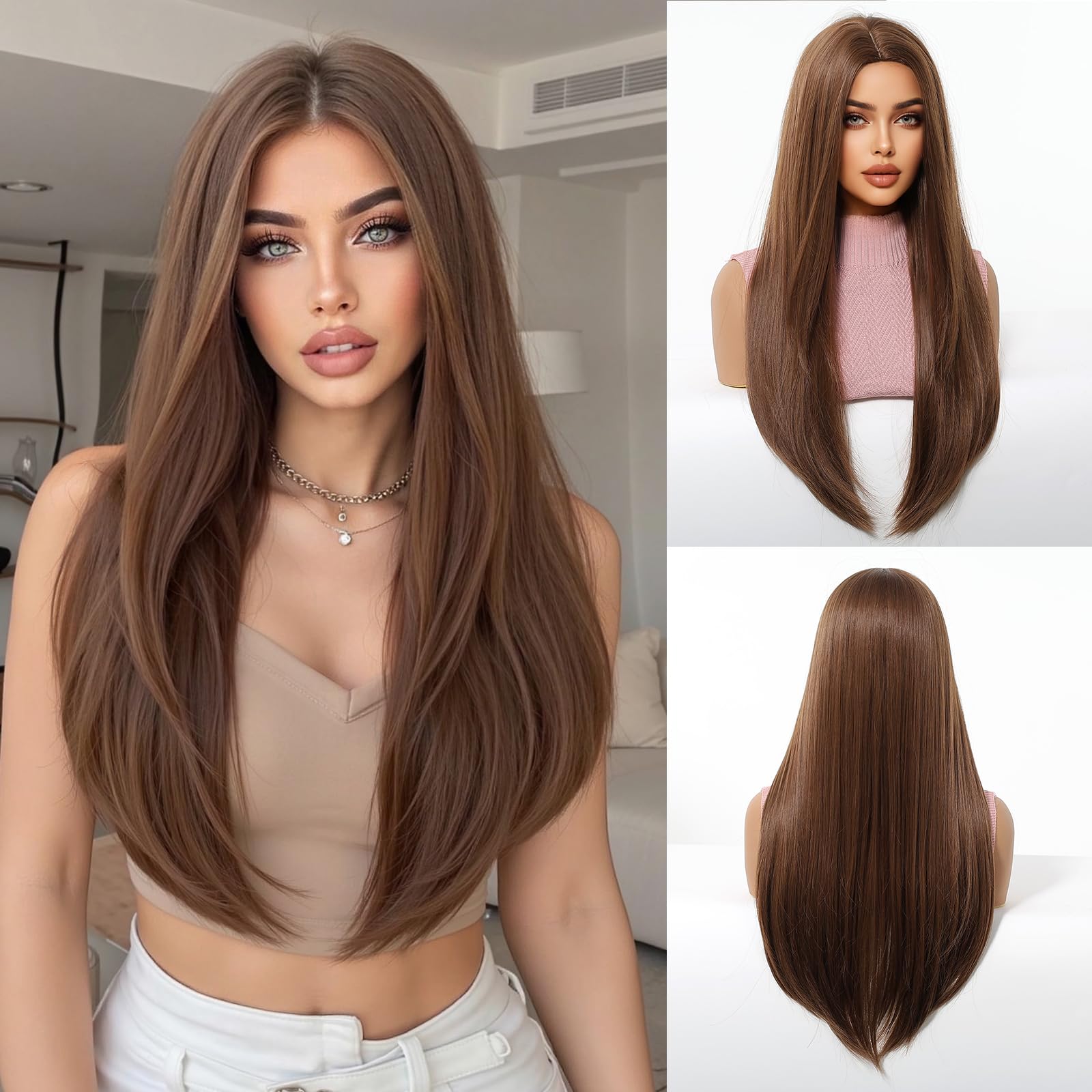 OUFEI Brown Wigs for Women Long Natural Straight Synthetic Hair Heat Resistant Wigs for Daily Party Cosplay Wear