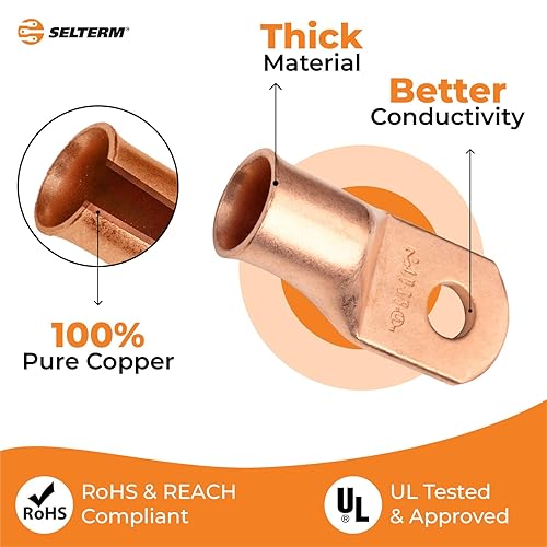 Miniatura 225 de SELTERM - 2 terminales de anillo resistentes para cable de batería, calibre 4 AWG, pernos de 3/8 pulgadas, terminales de calibre 4, ojales de cobre