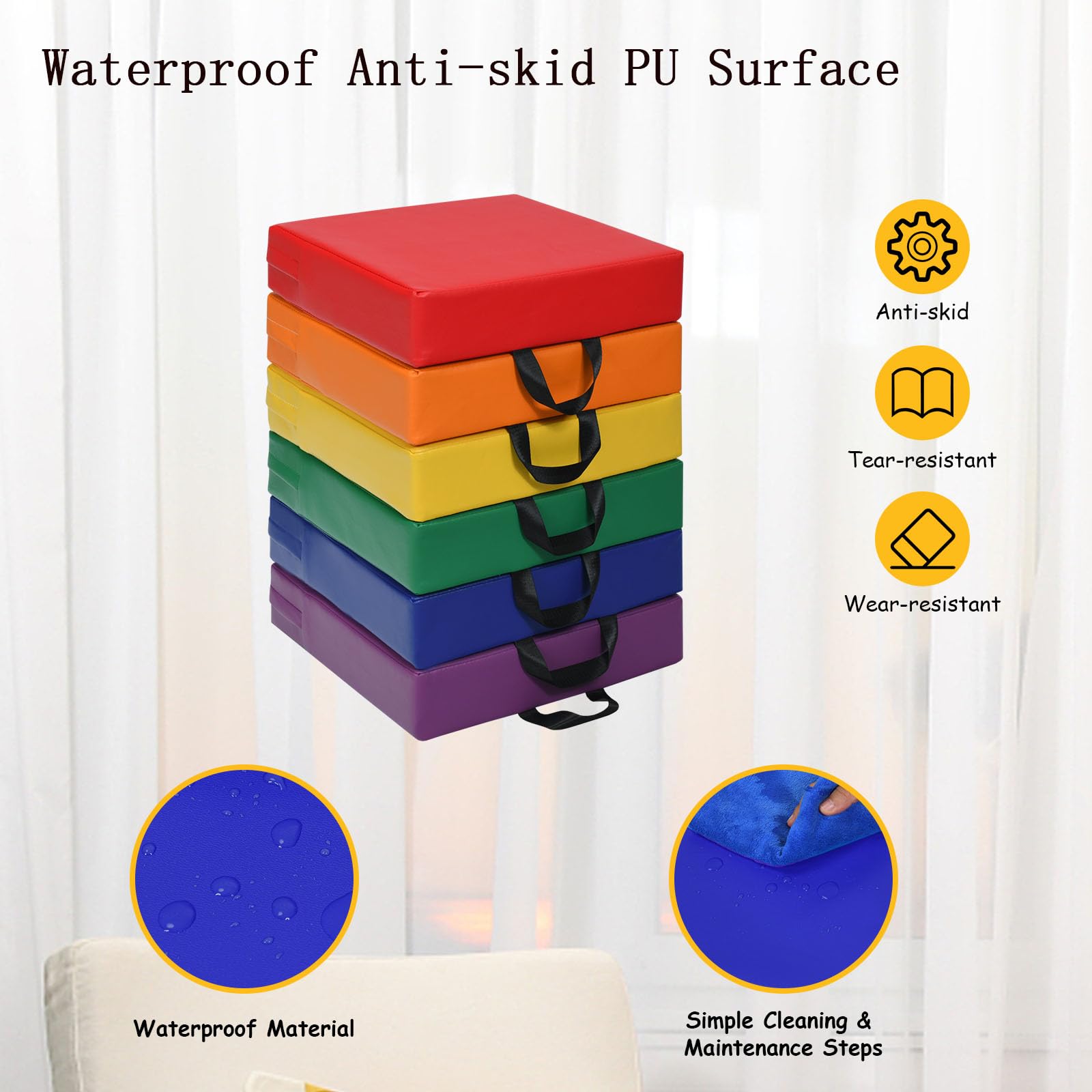 LIFEZEAL Set di 6 cuscini per sedia per bambini, con maniglia, impilabili, in schiuma e poliuretano, per bambini, rotondi/rettangolari, per cameretta dei bambini (Arcobaleno)