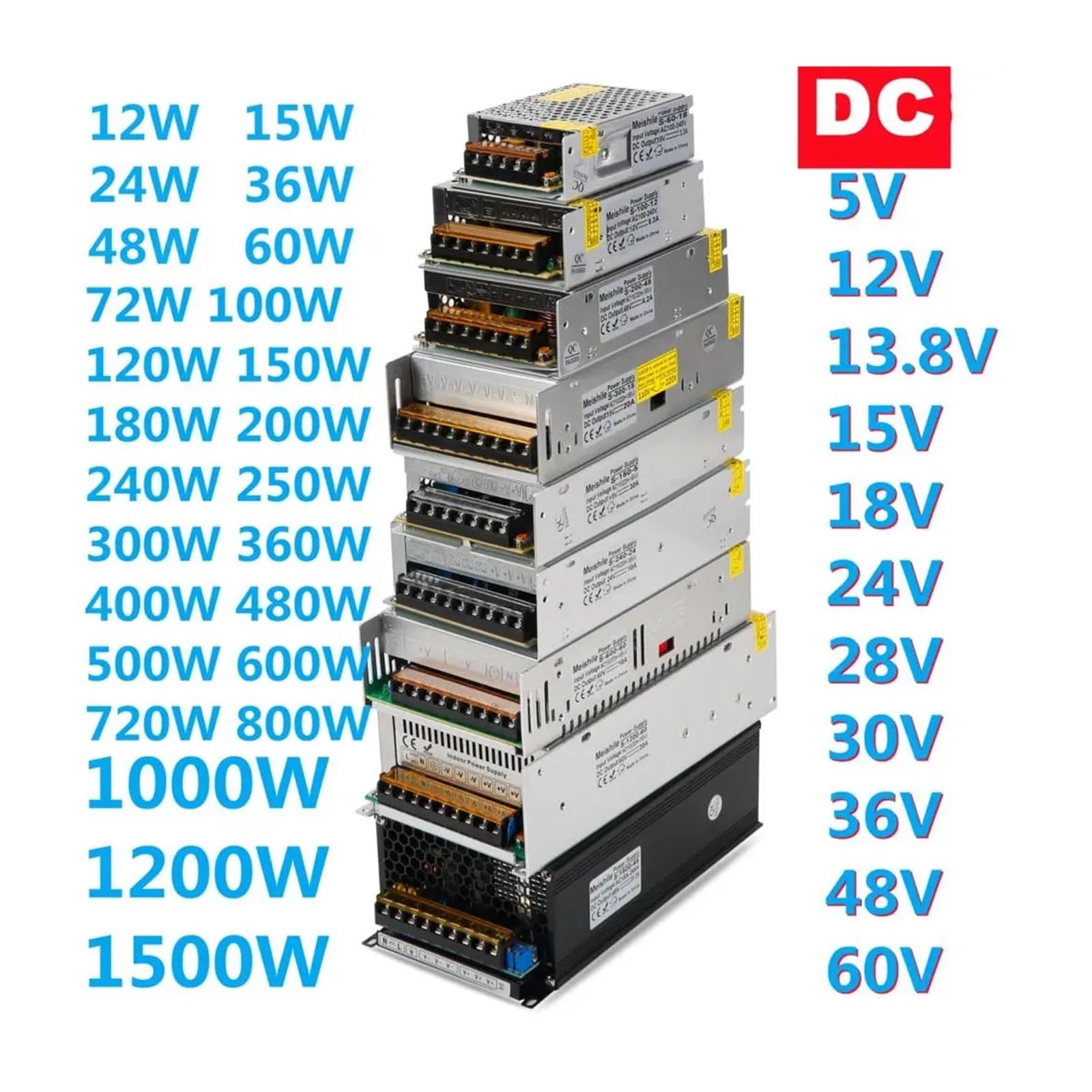 Fuente de alimentación conmutada DC 5V 12V 24V 36V 48V 60V, adaptador de corriente de transformador 2A 3A 4A 5A 8A 10A 15A 20A 25A 30A 40A 50A 60A 100A(18V,360W)