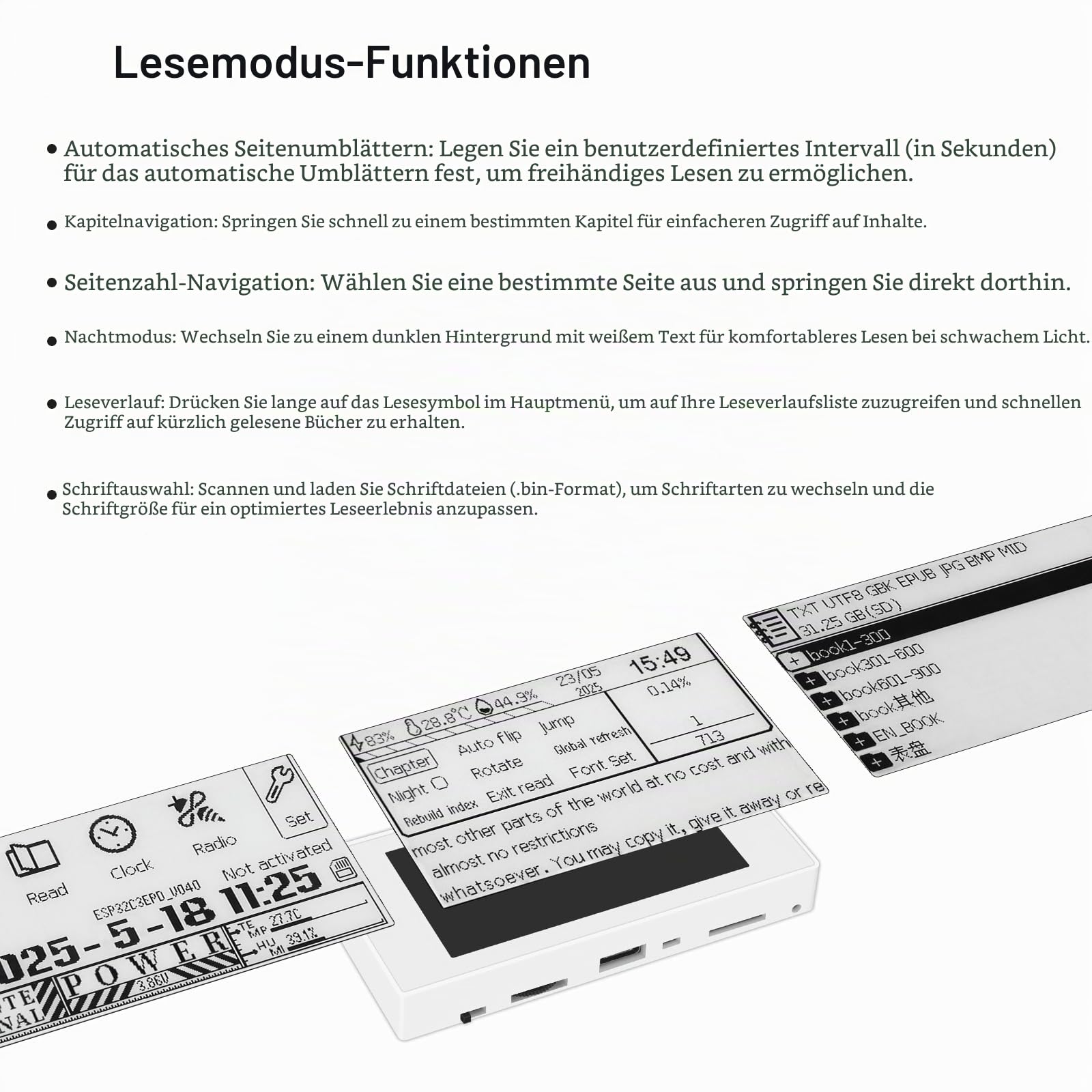 Mini-E-Book-Reader, 6,6 cm (2,66 Zoll), Tintenbildschirm, E-Reader-Geräte, Hintergrundbeleuchtung, für Wetteruhr, Bildbetrachtung von TXT- und EPUB-Dateien mit Hintergrundbeleuchtung (weißes Panel)
