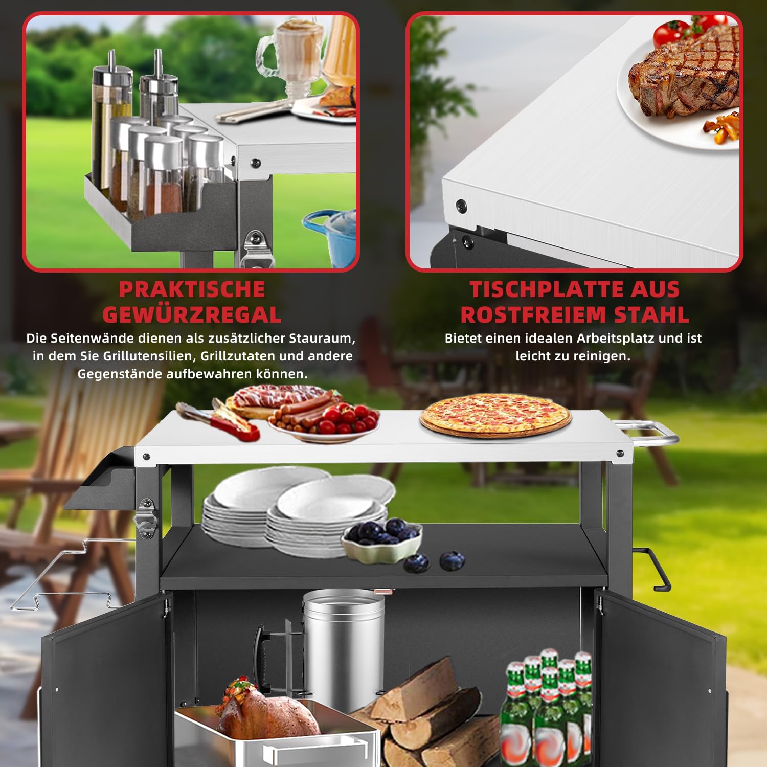 Kendane Grilltisch mit Großer Arbeitsfläche | Grill Beistelltisch, Outdoor Grill Trolley, Grilltisch Outdoor, Edelstahl Tischplatte Outdoor Garten Trolley