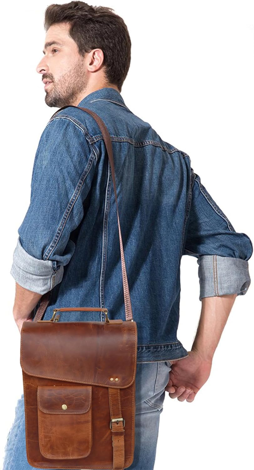 Jaald 13" Leather Messenger Bag Laptop Case Office Briefcase Men Computer Distressed Shoulder Bag