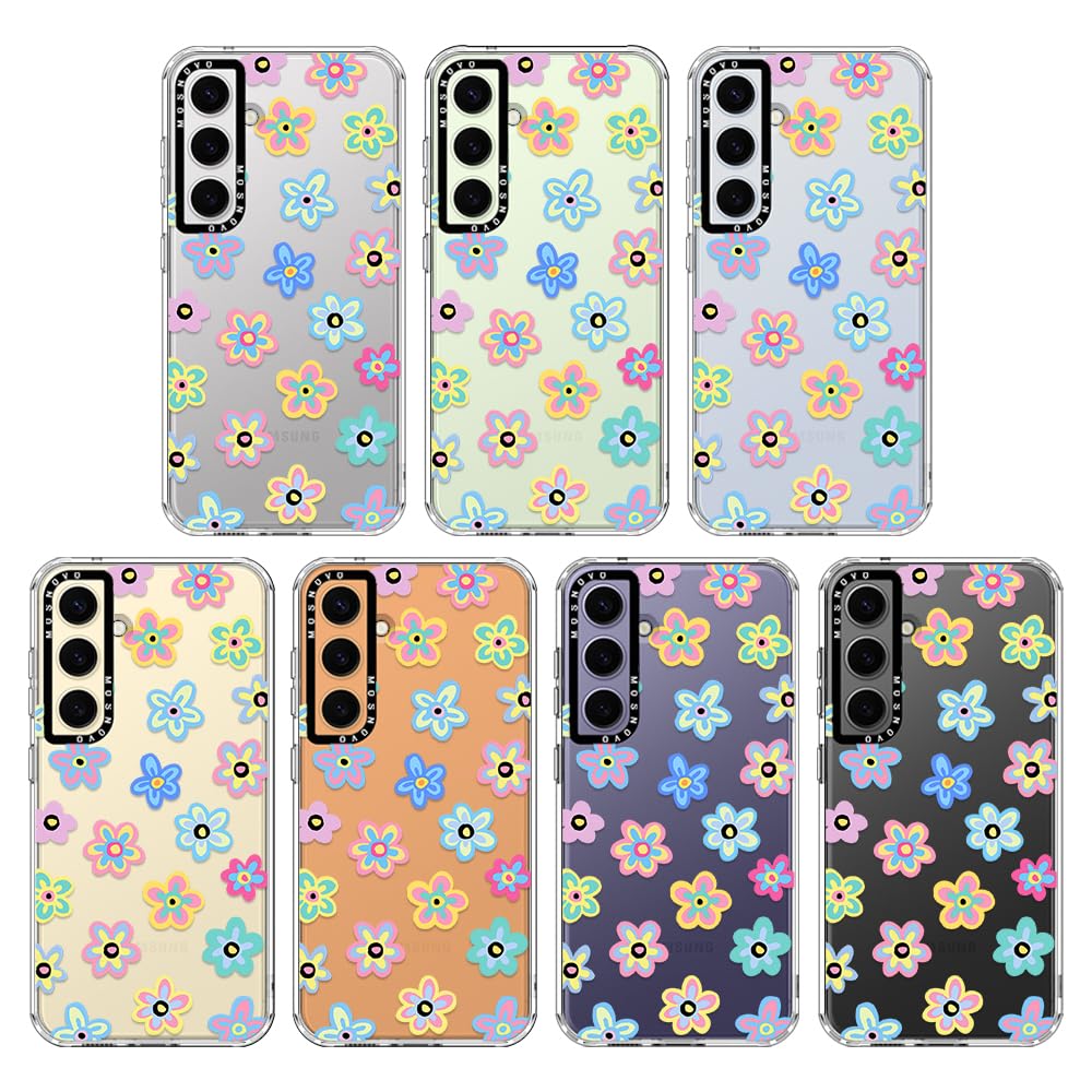 MOSNOVO Case for Samsung Galaxy S24 Plus, [Buffertech 6.6ft Military-Grade Drop Protection] [Anti Peel Off Tech] Clear TPU Bumper Phone Case Cover Design - Groovy Flower - 4