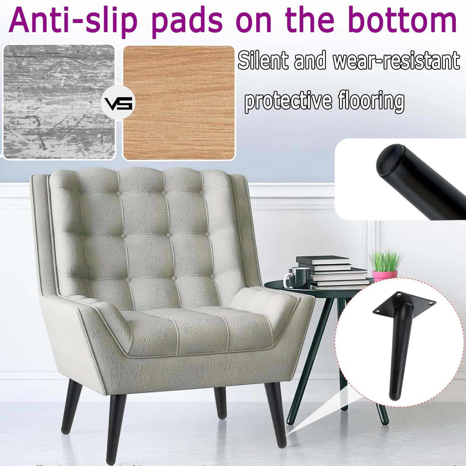 Lot de 4 pieds de chaise coniques en métal noir robuste avec patins antidérapants pour tables de salle à manger et bureaux, plaque solide, installation facile