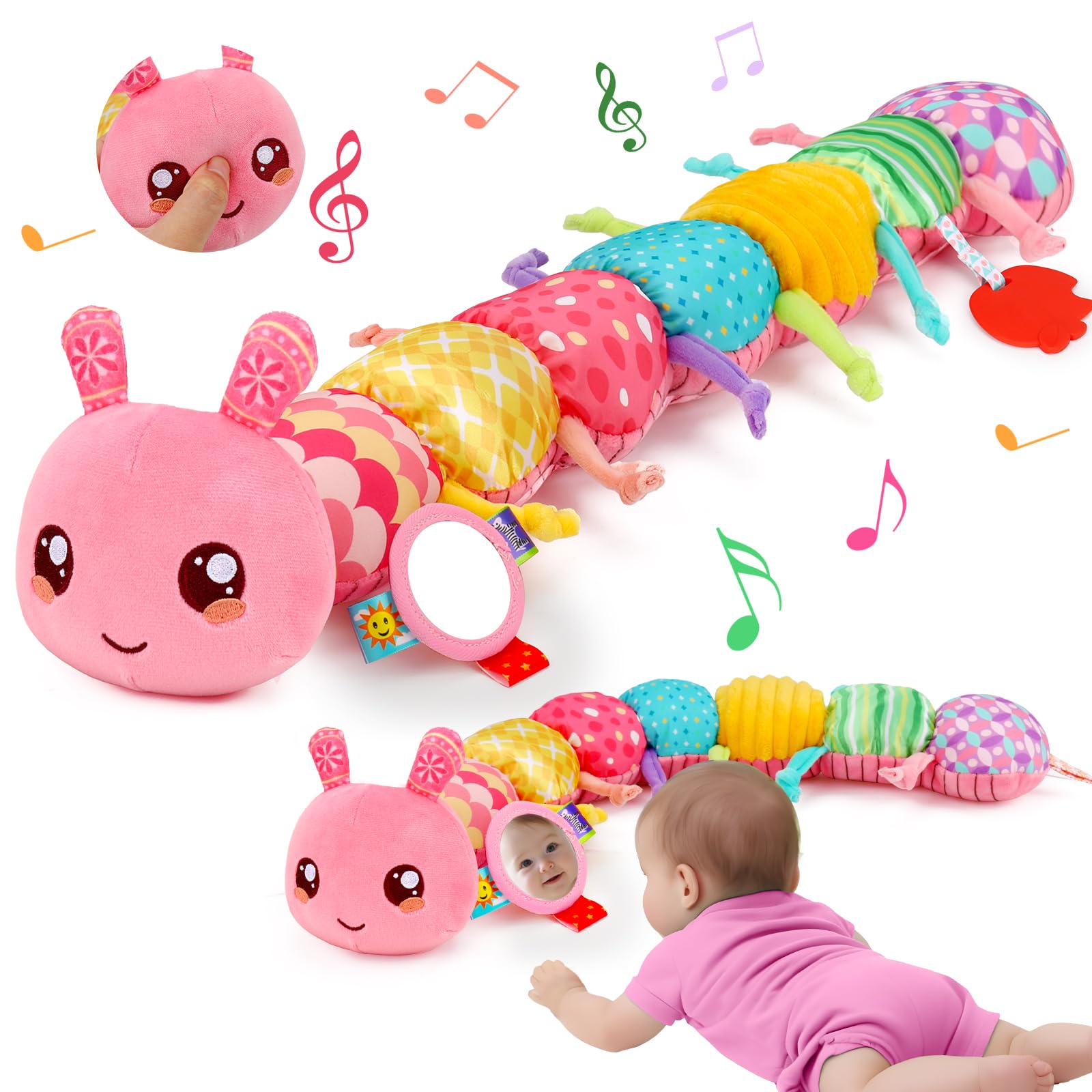 Baby Toys 0 3 6 9 12 Months New Born Baby Boy Girl Gifts, Caterpillar Sensory Musical Toys for 0-6 6-12 Months Old Babies, Tummy Time Toys Newborn Essentials (Pink)