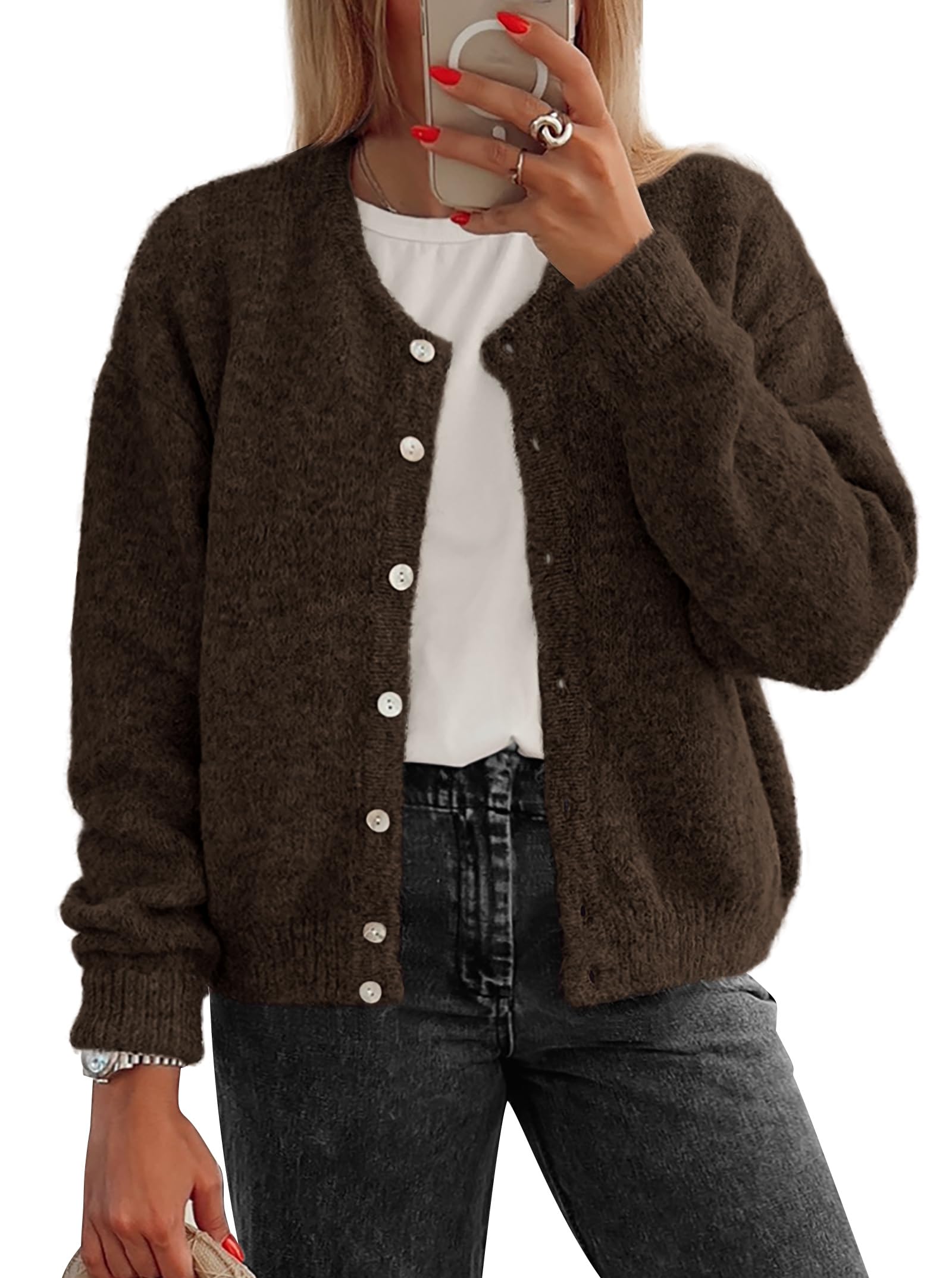 ATHMILE Fall Long Sleeve Cardigans for Women Sweater Fashion Open Front Winter Button Down Crewneck Soft Knit Jacket