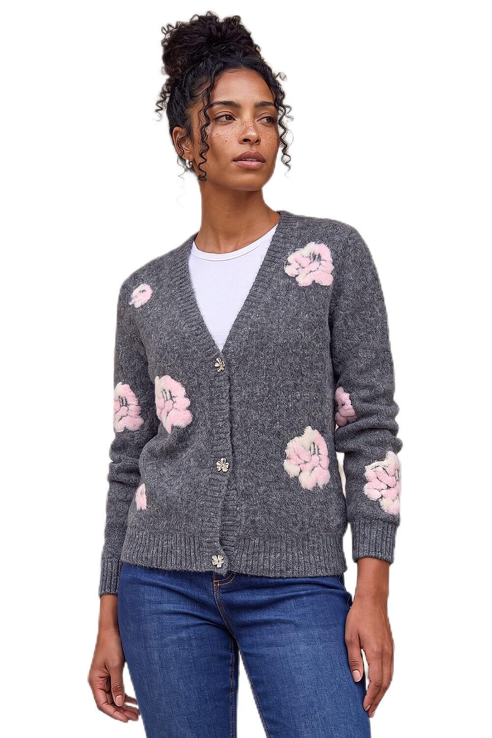 Roman Women's Grey Embossed Floral Knit Cardigan In Size 10