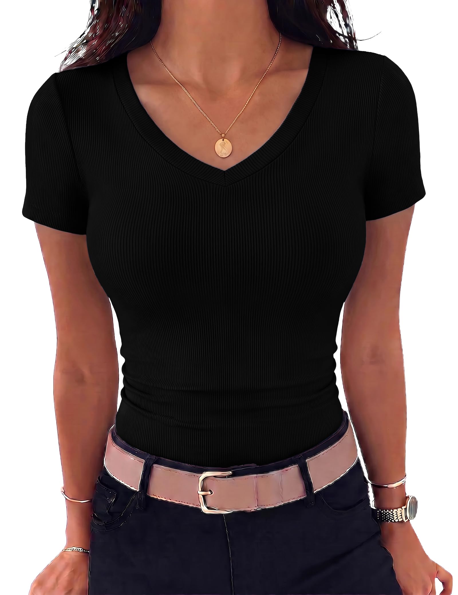 Aottori T-Shirt Damen V-Ausschnitt Gerippt Slim Fit | Rippshirt Kurzarm, Basic Tops, Oberteile, Stretch, Figurbetont, Elegant, Casual, Einfarbig, für Sommer Alltag Freizeit