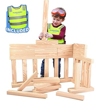 Playlearn 24pc Foam Wooden Beams for Kids- Children?s Reflective Vest and Storage Bag Included - Actual Beam Size Lightweight, Soft Building Blocks - Fake Wooden Beams
